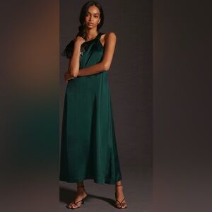 Maeve by Anthropologie green satin dress with bow medium